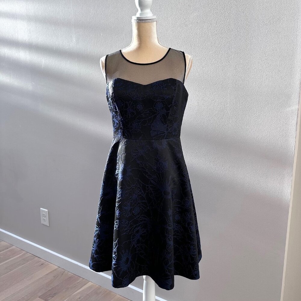 Black and Blue Floral and Mesh Cocktail Dress - Jessica Simpson - Size 10